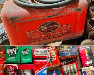 Kiekhaefer mercury gas can, oil filters, sparkplugs