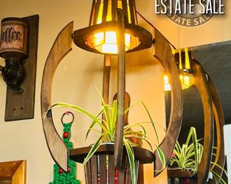 vintage wooden and slag glass swag lamp