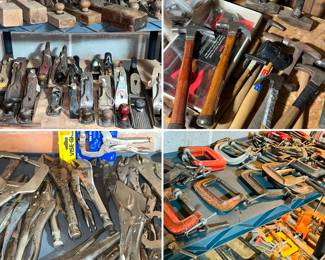 wood working planes, vise grips, clamps, hammers, etc