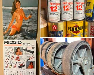 vintage Ridgid swimsuit calendar, large casters, vintage oil cans