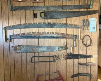 antique two person crosscut saws, two man saws, cross cut saws, cross buck bow saw