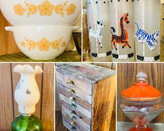 vintage butterfly gold mixing bowls, vintage Fenton oil lamp, vintage Libbey Tom Collins carousel glasses, vintage orange lancaster art deco pedestal candy dish