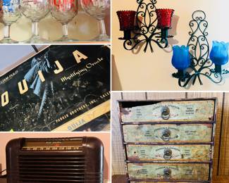 vintage ouija board, vintage wall sconces, vintage Johnson and Johnson wooden cabinet store display, vintage RCA radio