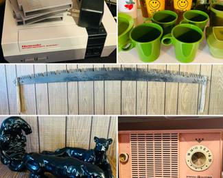 Nintendo NES, vintage kitchenware, vintage ceramic panther, vintage pink general electric radio