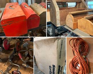 metal tool boxes, wooden tool boxes, heavy duty extension cord, Sunbeam smoker/grill