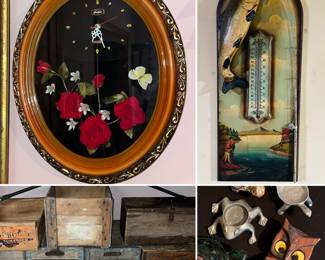 Quartz shadow box clock, vintage wooden boxes/crates, vintage fishing wall thermometer