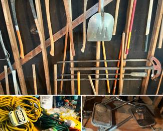 vintage truck mirrors, extension cords, pipe bender, axes, sledge hammers, etc
