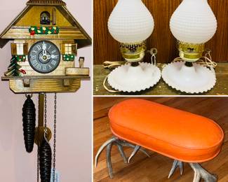 Vintage cuckoo clock, vintage Fenton hobnail table lamps, vintage leather top stag horn antler foot stool