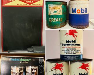 vintage metal Royal Crown RC cola advertisement chalkboard, vintage Libbey mallard duck hostess glassware, vintage Mobil Permazone cans, vintage Sinclair grease cans, vintage mobil gas canister
