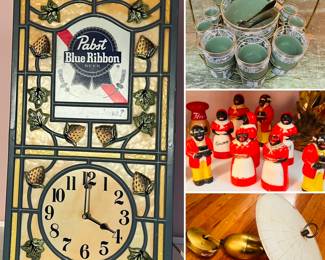 Vintage Pabst Blue Ribbon beer advertising clock, vintage MCM barware, vintage black Americana Aunt Jemima and Uncle Mose spice set, MCM atomic/ufo/flying saucer pull down ceiling lamp/light fixture