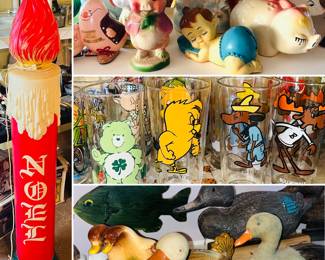 vintage NOEL Christmas blowmold, vintage chalkware piggybank, vintage piggy banks, vintage Pepsi Warner Brothers Looney Tunes collectors glasses, ceramic ducks, duck decoys