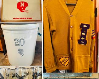 vintage Nebraska Husker national championship cork board, 20 gallon Buckeye Blue Ribbon stoneware crock, vintage Federal glass sportsman duck/pheasant glasses