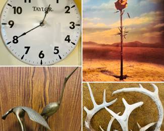 Taylor wall clock, vintage brass cranes, vintage Alice in Chains band poster, deer antlers