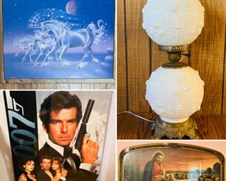 vintage mystical unicorn wall art, vintage 007 Golden Eye poster, vintage Fenton cabbage rose milk glass table lamp, vintage Jesus wall art