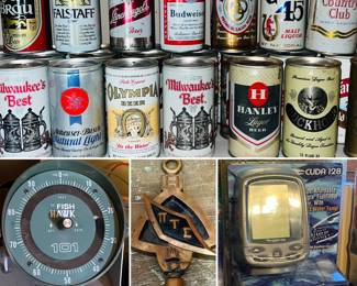 vintage beer cans, Fish Hawk 101 depth finder, Cuda 128 depth finder, vintage brass Pi Tau Epsilon paperweight/wall decor