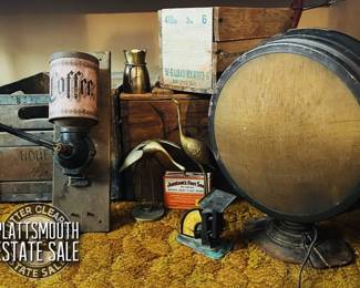 Primitive lithograph coffee mill grinder
Rustic wooden advertising crates 
Robert’s Dairy wooden milk crate 
Brass cranes 
Ammunition boxes (wood & metal)
Vintage Johnson’s foot soap 
Vintage RCA Radiola Loud Speaker