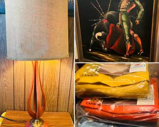 vintage MCM teak wood table lamp, vintage velvet painting, vintage Cannon blankets (new in bag)