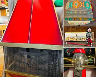 vintage mid century modern electric wall fireplace, vintage Lawnware patio swag lamp, vintage FEWO circus clown tight rope walker, gumball machine