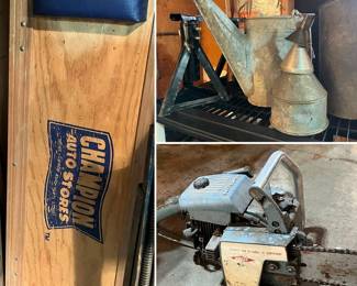 vintage creepers, vintage Homelite chainsaw, galvanized steel watering can and funnels