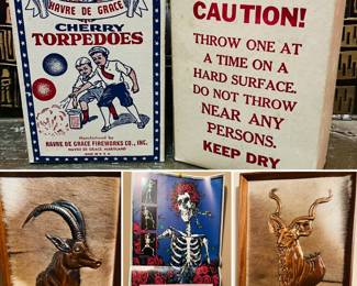 Vintage/antique Havre De Grace cherry torpedoes fireworks with original box, vintage copper and fur wall art, vintage Grateful Dead calendar