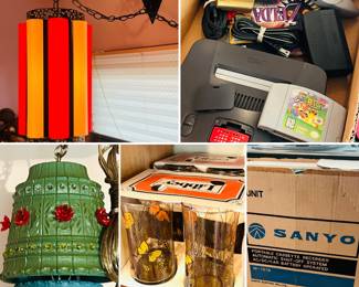 vintage MCM hanging swag lamp, Nintendo 64 with Super Mario 64 and Zelda, Sanyo Portable cassette recorder, Libbey butterfly glasses, vintage Lawnware hanging swag lamp