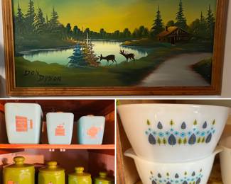 vintage Don Dyson acrylic painting, mcm canister sets, vintage Fire King Alpine Swiss Chalet mixing bowls