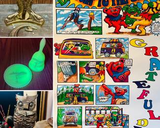 vintage Fenton uranium plate and bell, vintage owl wind chime, vintage Grateful Dead dancing bear band poster