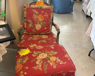 Antique Carved Stool upholstered to match Rattan Chair 