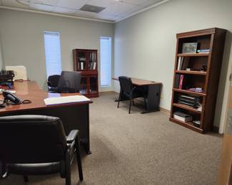 Desk, chairs, bookcases, bookshelf