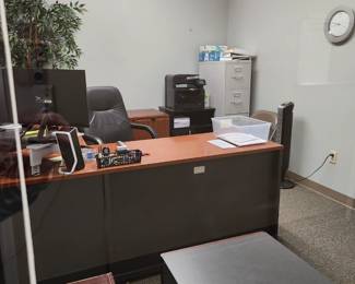 Desks and filing cabinets both metal and Bush cabinets