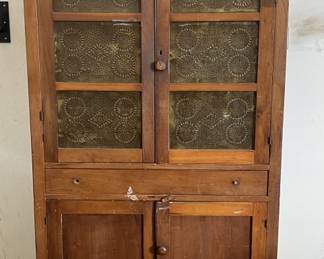 Antique Punched Tin Pie Safe Cabinet