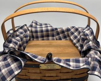 Signed by 3 Longabergers Cake Basket w/ Cloth &
Plastic Liner, and Wooden Riser - 1992