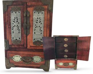 Vintage Chinese rosewood (?) jewelry box with jadeite panels and brass fittings 