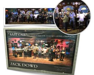 Signed, framed poster of "Last Call" by Sarasota artist Jack Dowd; installed in summer of 2024 at Sarasota’s Ringling College of Art and Design — or as one article quipped:  "Thirteen sculptures walk into a bar…. "  Images above the framed poster show Dowd’s installation more clearly, and close-up of pool player said to represent artist