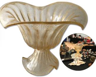 Gold flake Murano art glass statement centerpiece, about 14”H x 16”W