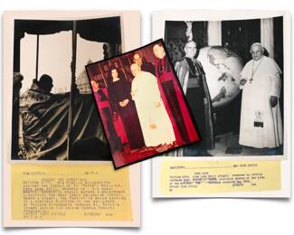 UPI Press photos of Pope John XXIII, including photos taken with Fulton J. Sheen, Auxiliary Bishop of New York, and with Mrs. Jacqueline Kennedy and Monseignor Pius A. Benincasa, the last from 03/11/1962 at Vatican City, Italy
