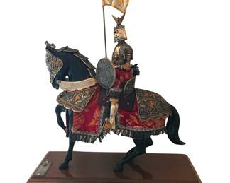 Marto of Toledo, Spain figurine representing medieval French knight on horseback, holding royal lily banner; wooden base has Marto hallmark; from Equestrian Armors collection