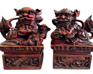 Pair of  large, heavy red resin Foo Dogs depicting a family of mama, papa and baby; 18"H  x 12.5" W
