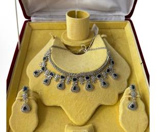 Impressive crystal and faux sapphires necklace and earrings; possibly Indian bridal parure