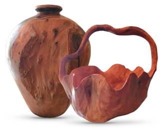 Burled wood basket and vessel; probably cherry; large vessel is 15” H