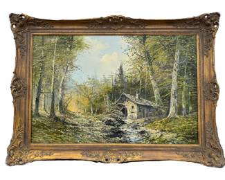 Oil landscape with water mill; signed LR