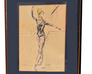 Ballerina in pointe shoes, arms in 4th position; mixed media artwork; signed D. Yeager