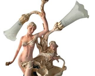 Italian Art Nouveau nymph and putti  fountain mounted as a tulip lamp; about  31-1/2" H; made by OK Lighting