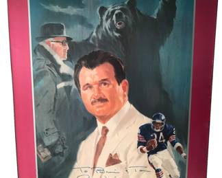 Mike Ditka art print by super fan Bob Clark; signed and inscribed in 2003 by Coach Ditka and in a slender white frame that did not photograph well; donated to a charity event by Ken Geiger, former scout for Chicago Bears 