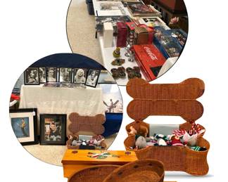 A pictorial mashup: Photos of 1940’s iconic movie stars (details in separate photograph); table displaying ephemera and collectibles; a few boxes and baskets. including one in shape of dog bone for Duke’s doggie toys — mustn’t forget Duke….