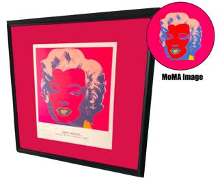 Warhol Foundation 1967 Andy Warhol iconic Marilyn Monroe print; photograph does not capture the true vibrancy/intensity of the reds which are closer to values in appended MoMA image