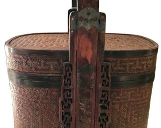 Woven and metal Chinese wedding box, used to transport gifts between the families of the betrothed; about 12" x 12" to top of handle