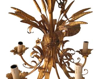 Gilded metal five-arm wheat sheaf chandelier, likely from the 1950’s; online, prices range from high $400’s up, and country of origin generally stated as Italy