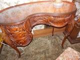 1920's Ladies Hand Carved Kidney Shape Social Desk,Queen Anne Legs.3 Drawes