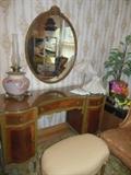 Vintage 1920's Deco Kidney Shaped Mahogany Vanity, Ornate Mirror . Hand Painted Globe Lamp